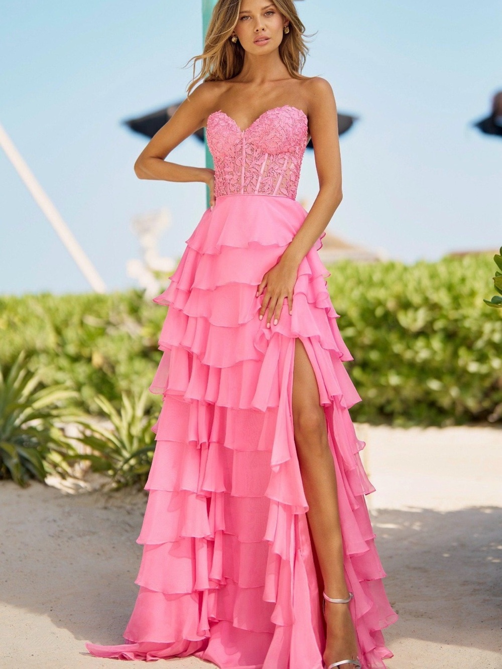 Sherri Hill Hot Pink Lace Corset Tiered Ruffle Prom Dress